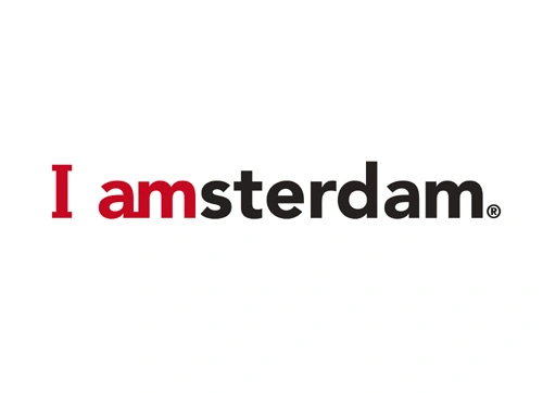 This is the iconic "I amsterdam" logo, which has become a famous symbol of the Dutch capital city. The design features "I am" in red letters followed by "sterdam" in black, creating a clever wordplay that represents both identity and place.