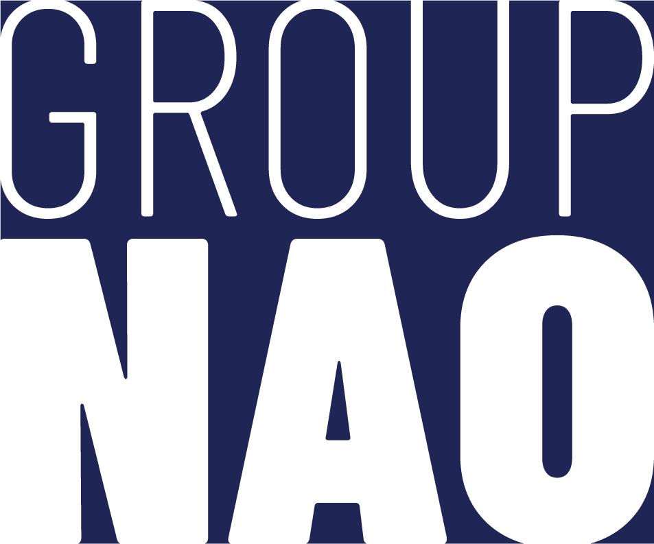 This image shows the text "GROUP NAO" in white letters against a navy blue background. The typography appears clean and modern, with the word "GROUP" stacked above "NAO" in a minimalist sans-serif font style.