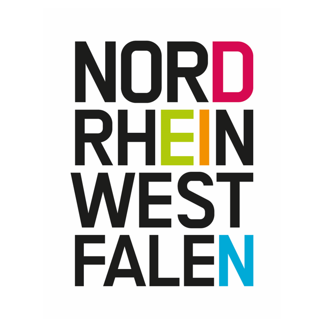 This is the logo for Nordrhein-Westfalen (North Rhine-Westphalia), a state in western Germany. The design features bold black letters with select characters highlighted in different colors (pink, lime green, orange, and light blue), creating a modern and dynamic typographic treatment of the state's name.