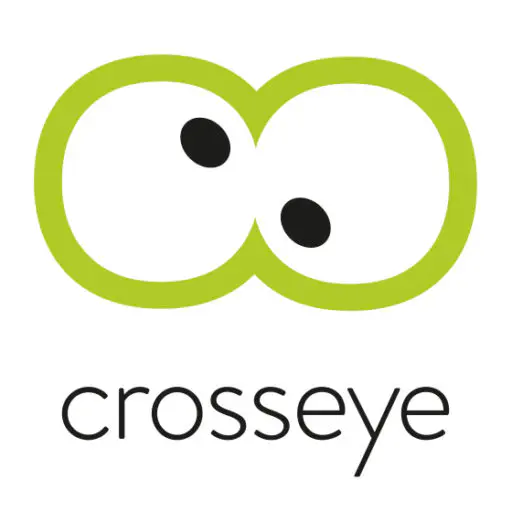 This logo features a minimalist design of cross-eyed cartoon eyes in lime green with black pupils. The word "crosseye" appears below in lowercase letters, creating a playful and memorable brand identity.