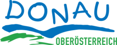 This is a simple logo featuring the word "DONAU" (German for "Danube") written in blue capital letters with a wavy blue line underneath representing the river. Below that is the word "OBERÖSTERREICH" (Upper Austria) in green text, making this appear to be a regional tourism or organizational logo from that Austrian state.