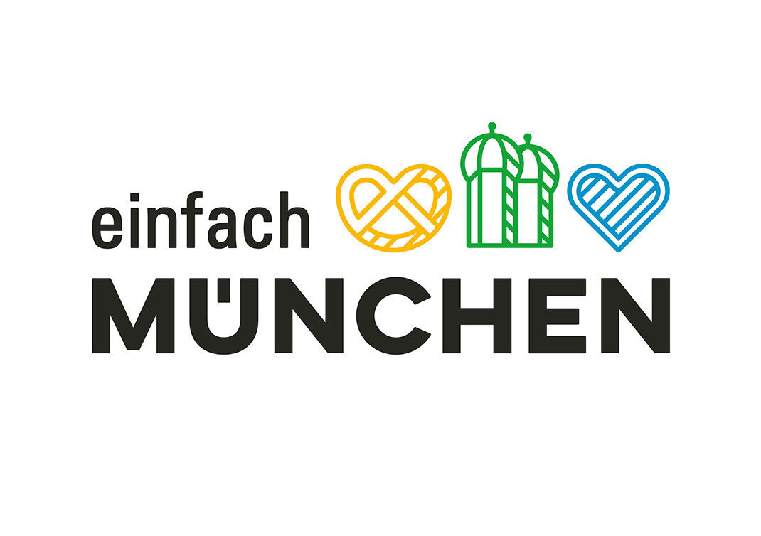 This is a simple yet effective logo design for Munich (München in German) that incorporates iconic symbols of the city - a pretzel in yellow, the twin towers of the Frauenkirche cathedral in green, and a heart in blue. The word "einfach" (meaning "simply" in German) appears above "MÜNCHEN" in a clean, modern typeface, creating a minimalist but meaningful design that captures the essence of the Bavarian capital.