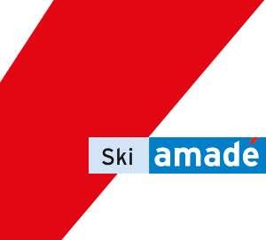 This appears to be a logo or brand mark featuring the text "Ski amade" against a white and red geometric background. The design is minimalist, with a bold diagonal red stripe and the text appearing in a modern font style, where "Ski" is in dark blue and "amade" is in light blue against a white rectangular block.