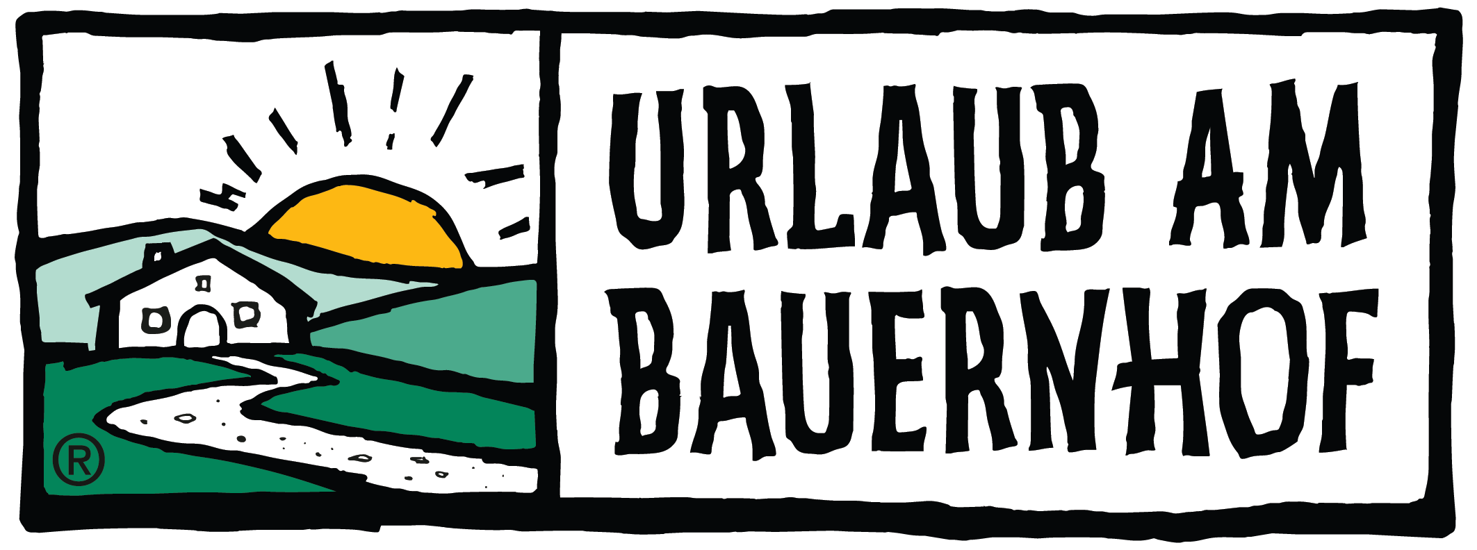 This is a logo for "Urlaub am Bauernhof" (Farm Holidays/Vacation on the Farm in German), featuring a simple illustration of a farmhouse on rolling green hills with a white path leading to it and a yellow sun rising behind. The design has a rustic, hand-drawn quality with bold black borders and uses a simple color palette of green, yellow, and light blue.